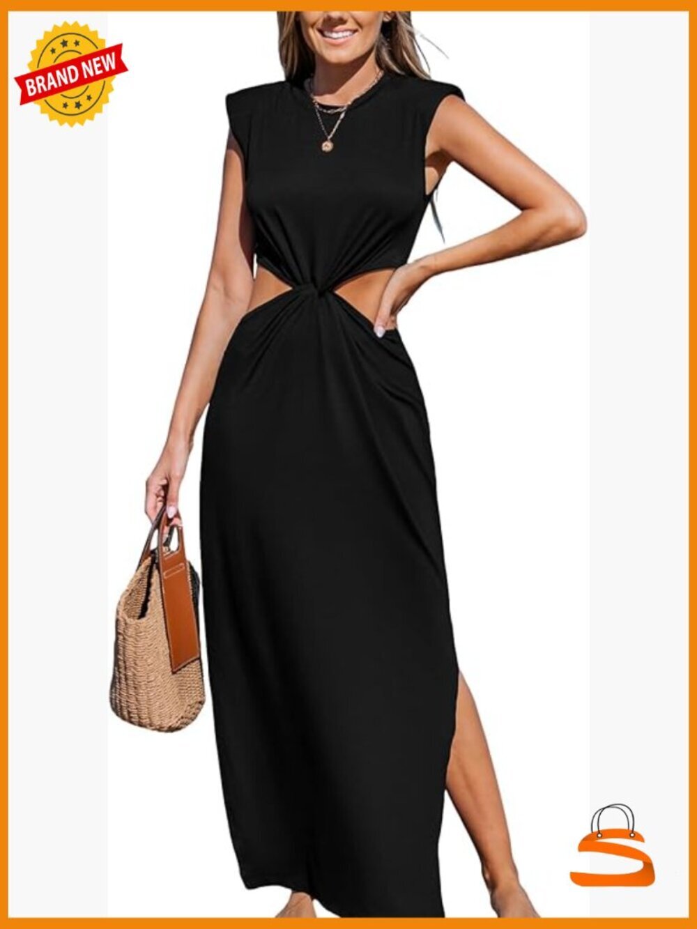 Sleeveless Cutout Side Slit Long Maxi Dress with Padded Shoulders